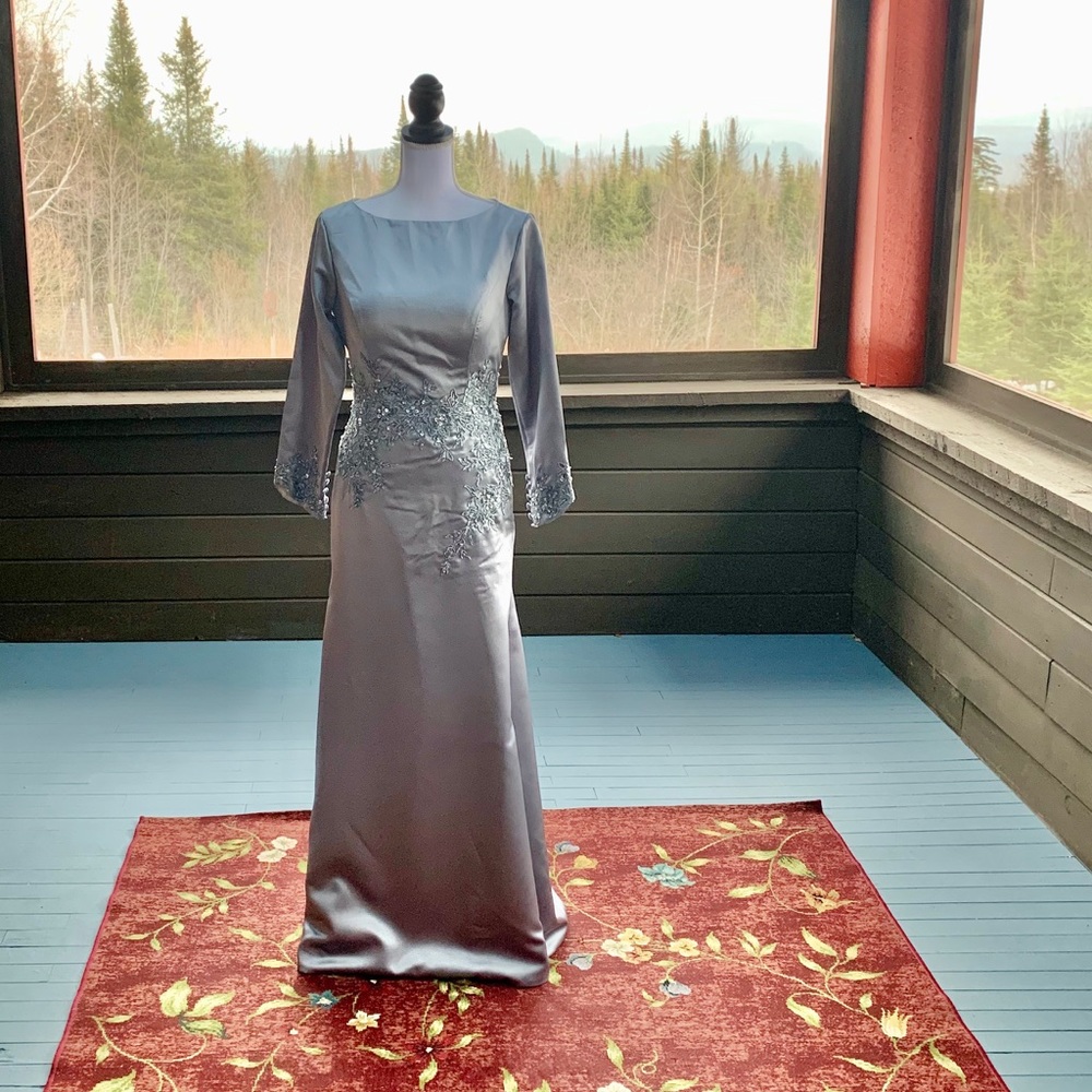 Gray Lined Satin Beaded Gown